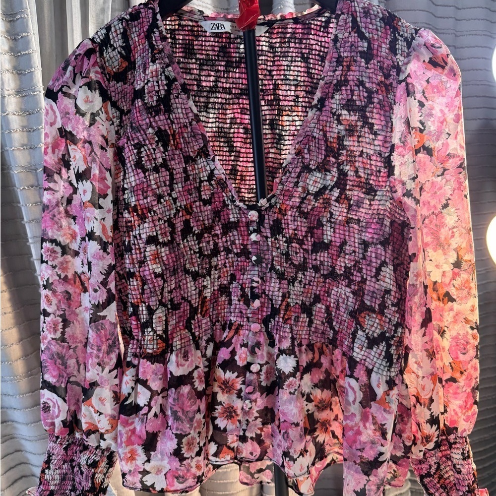 Zara Pink Black Floral Smocked Peplum Blouse Size S